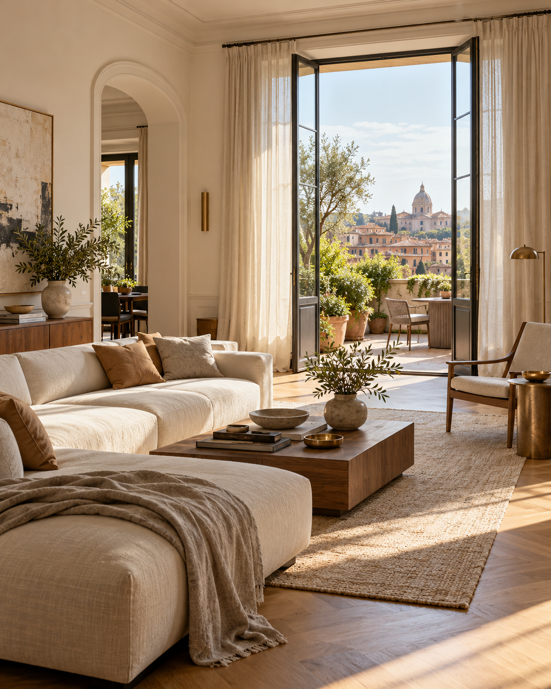 Soggiorno luminoso con parquet e terrazza verde, immagine d’ispirazione per l’abitare.
